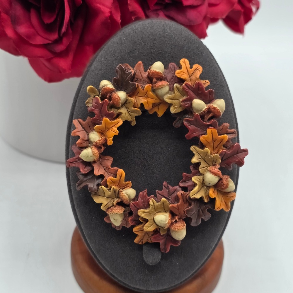 Autumn Wreath Brooch Fall Leaf Acorn Pin Orange Brown Harvest Seasonal Jewelry
